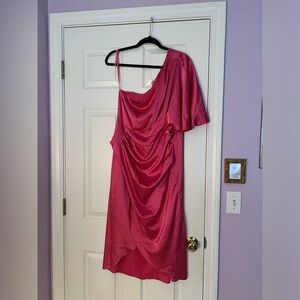 Hot pink silk off the shoulder dress